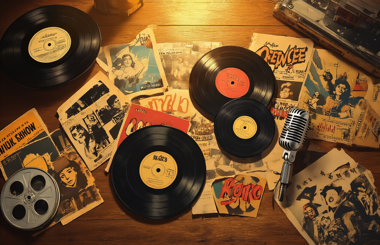 Create a realistic image of a vibrant collage-style composition featuring iconic pop culture elements including vinyl records, movie film reels, vintage comic books, a retro microphone, and classic movie posters scattered across a wooden desk surface, with warm golden lighting creating a nostalgic atmosphere, shot from above at a slight angle, with subtle shadows and rich textures, absolutely NO text should be in the scene.